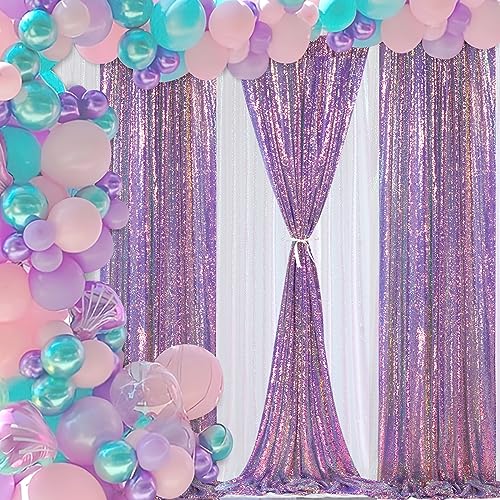 Image of Sequin Backdrop Mermaid Purple 4 Pieces 2FTx8FT Shimmer Birthday Baby Shower Cake Table Decoration Backdrop Fabric
