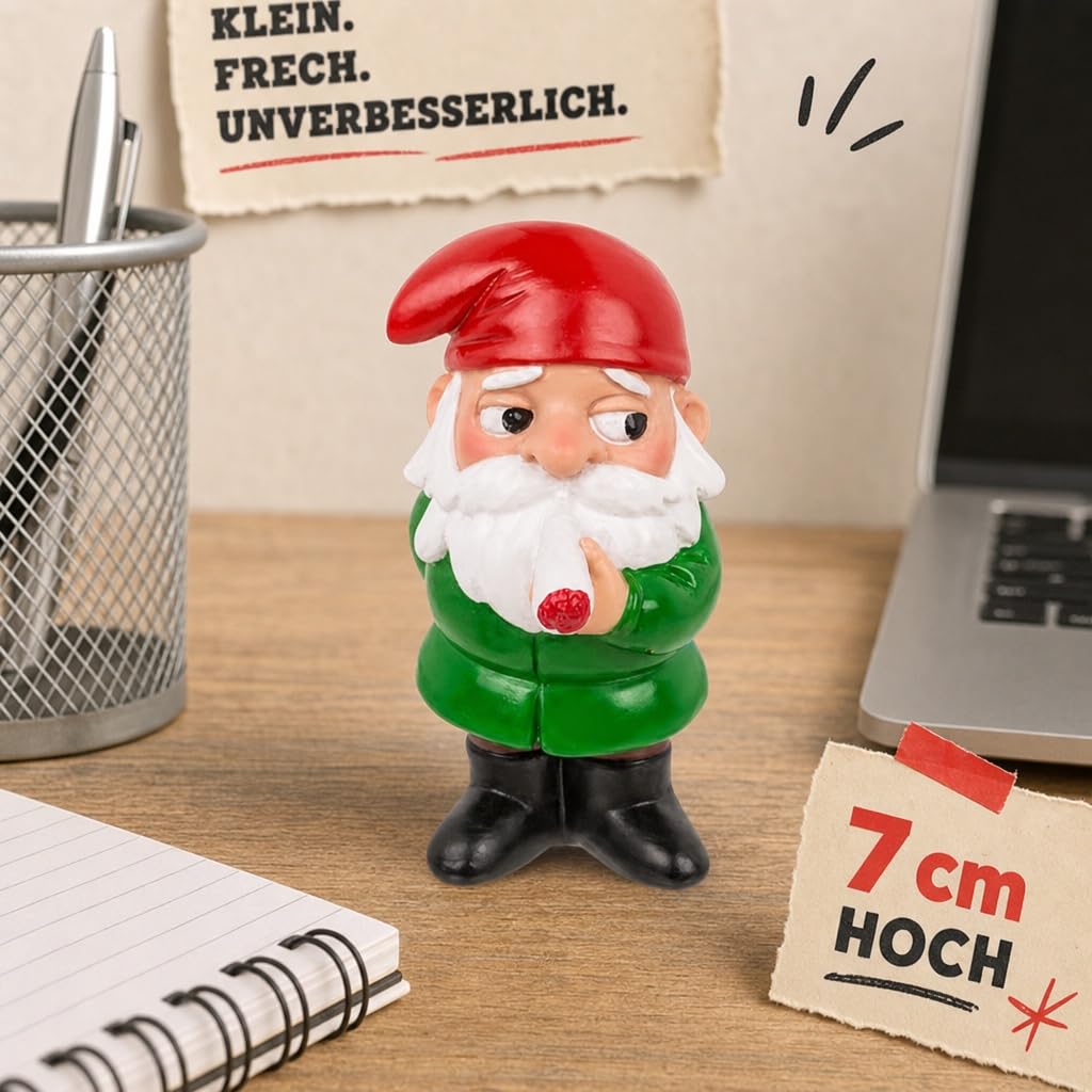 MIJOMA Zestaw bezczelnych krasnali ogrodowych – 4 mini krasnale z żywicy polimerowej ok. 4,5 x 7 cm – zabawne figurki dekoracyjne na biurko do roślin pokojowych, łazienki, na balkon, do biura