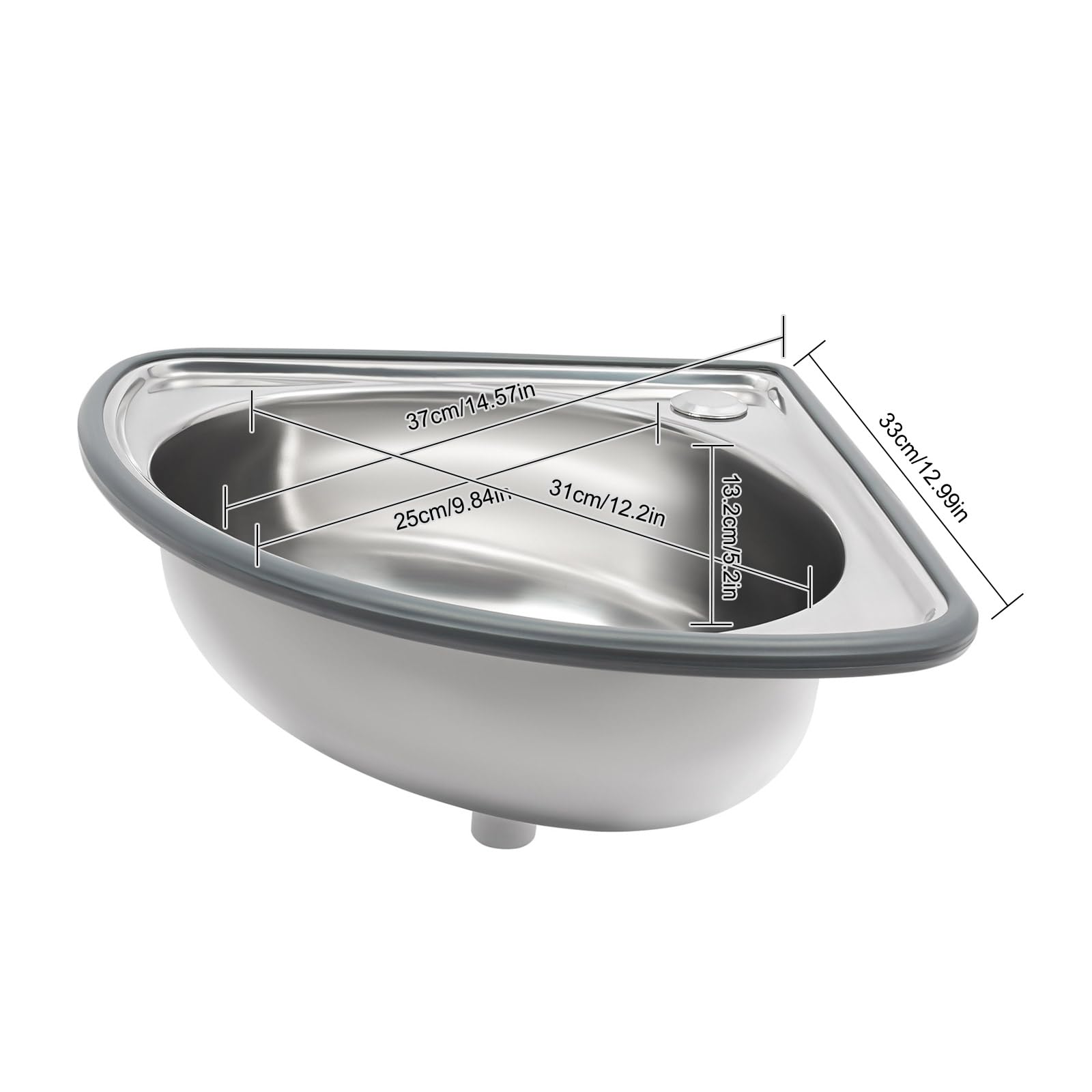Lavabo angolare 44 x 37 x 13,2 cm, fino a 25 kg, triangolare, con tubo di scarico da 80 cm, per il montaggio a parete, in acciaio inox, piccolo lavello per bagno, cucina, garage