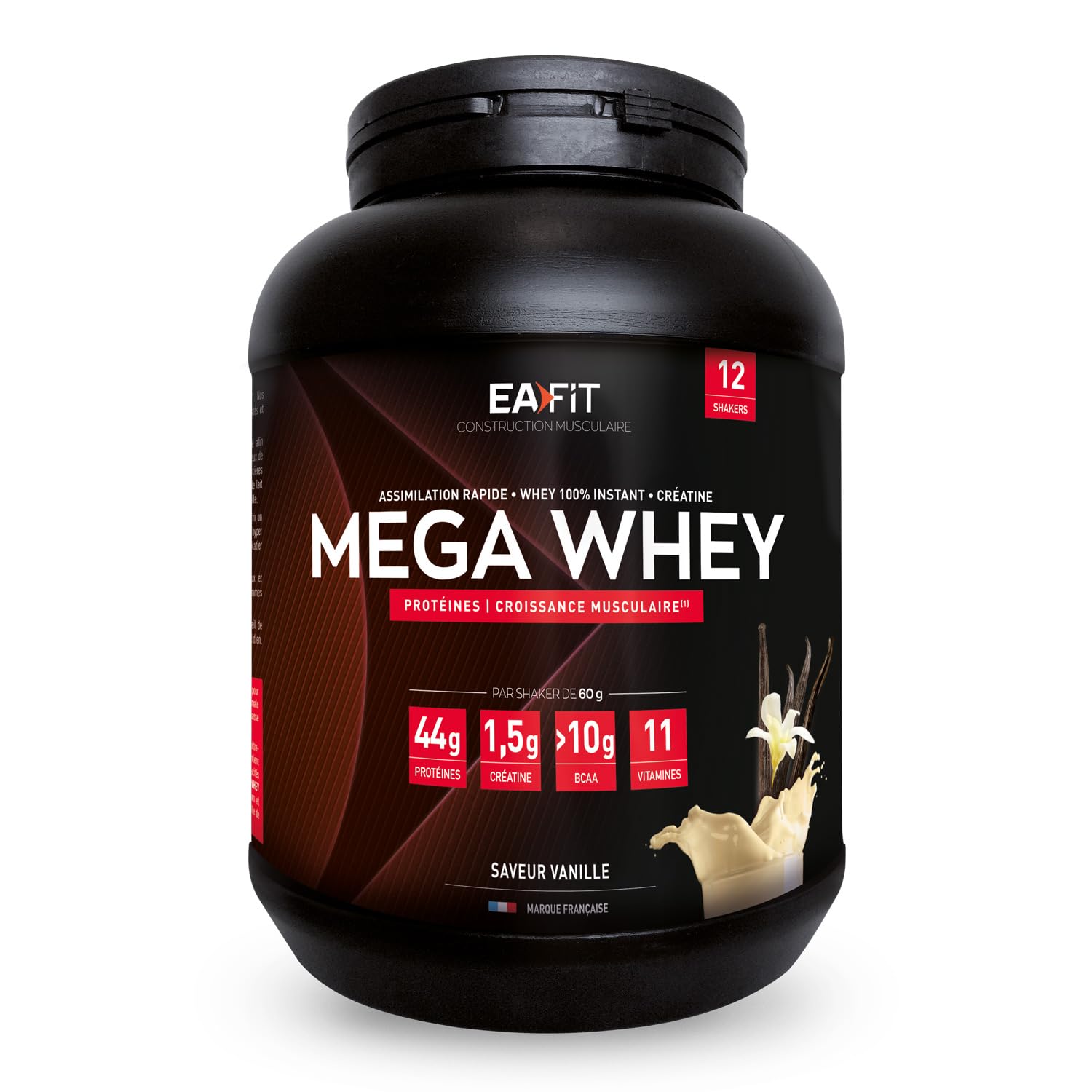 EAFIT- Mega Whey- construction musculaire pour la musculation- 43g de protéines de Whey+10g de BCAA+1,5g de créatine par shaker- Assimilation Rapide- Vanille- 750g- Creatine monohydrate