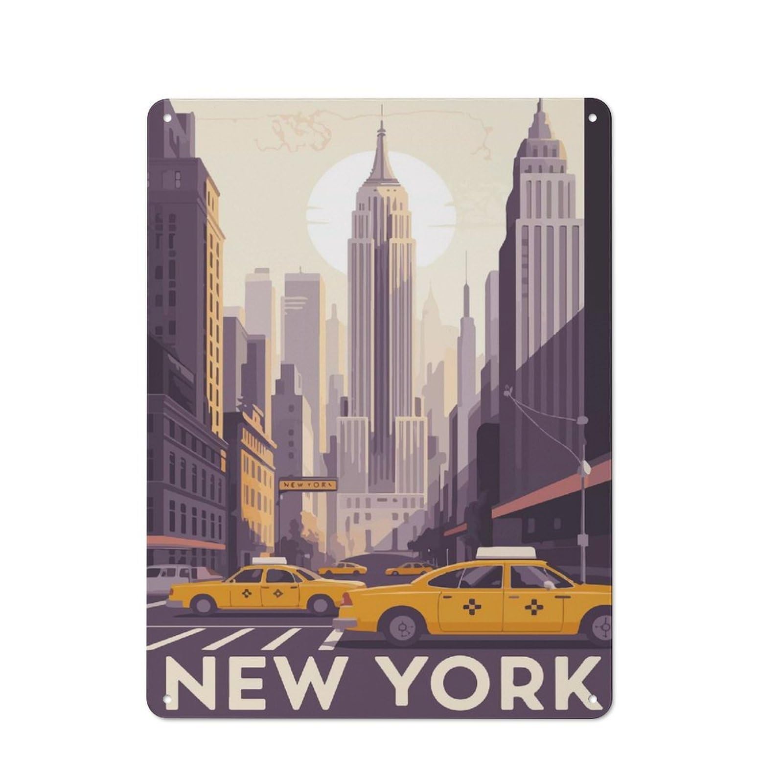 New York Cityscape with Yellow Taxis Vintage Metal Wall Decor 40x30cm, Garage Metal Sign for Garage, Workshop, Shed Or Utility Room