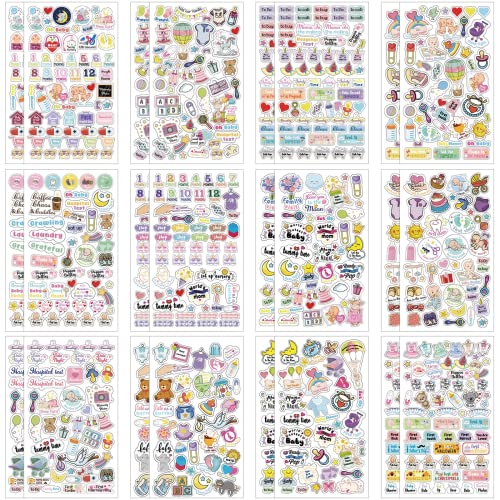 Kisston 24 Sheets Baby Scrapbook Stickers 1000+ New Pregnancy Planner Sticker Baby Calendar First Year Decal Maternity Newborn Themed Decal for Christmas Decorating