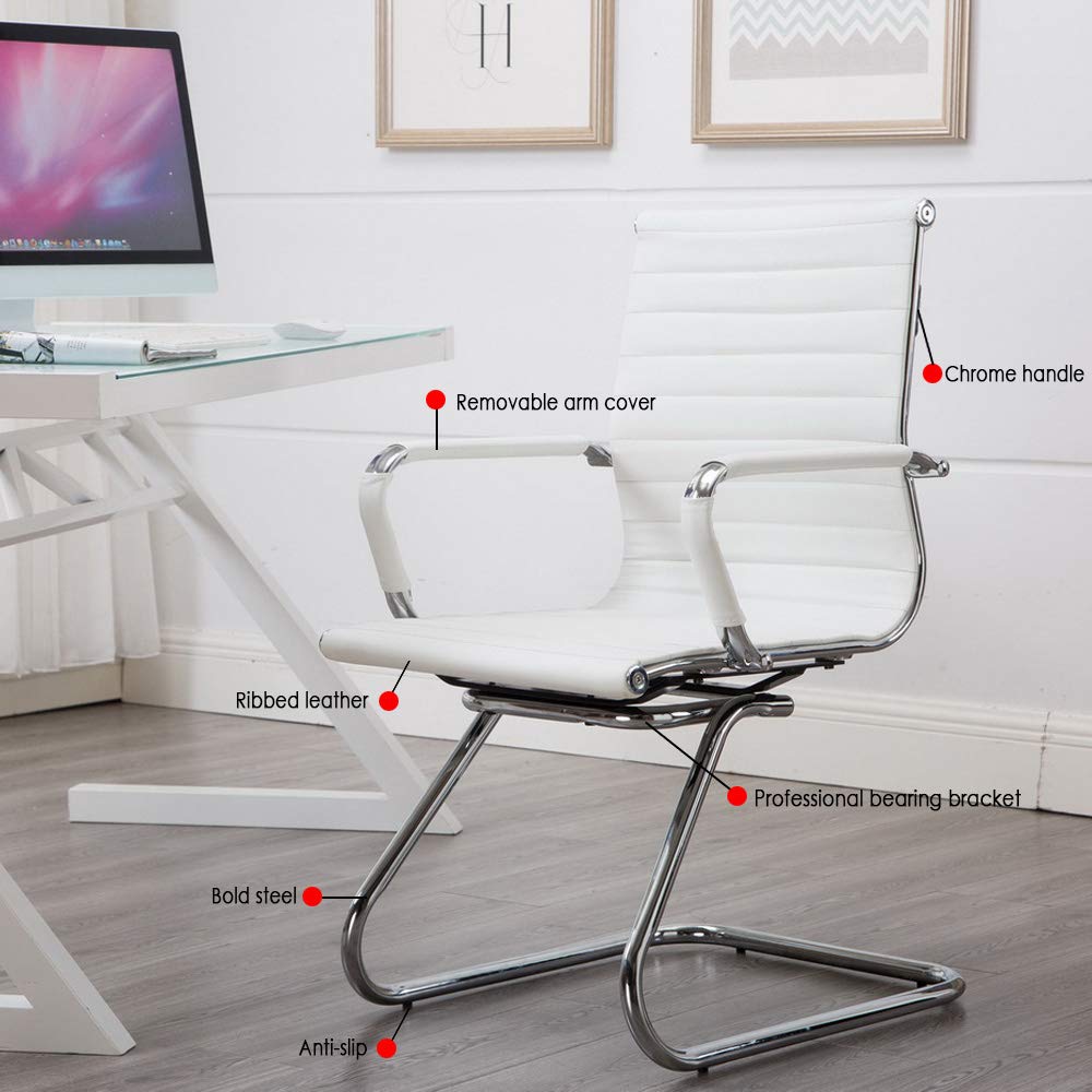 Silla de Oficina de Piel Sintética Wahson, Sillas de Recepción con Apoyabrazos Cromados, Juego de 2 Blanco