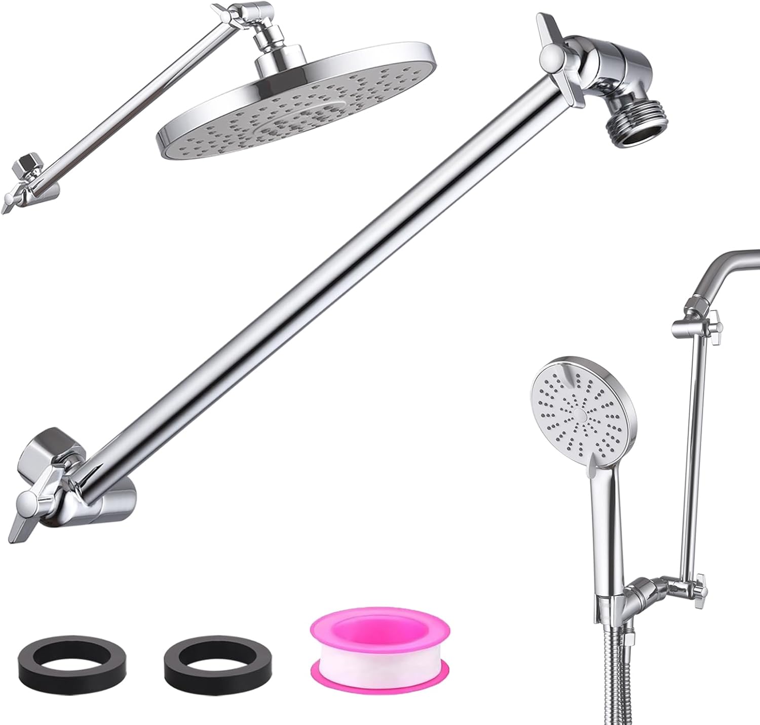 12-Inch Shower Head Extension Arm, Adjustable Shower Extension Arm, Stainless Steel Shower Arm Extender, Compatible with G1/2 Universal Connector, Chrome