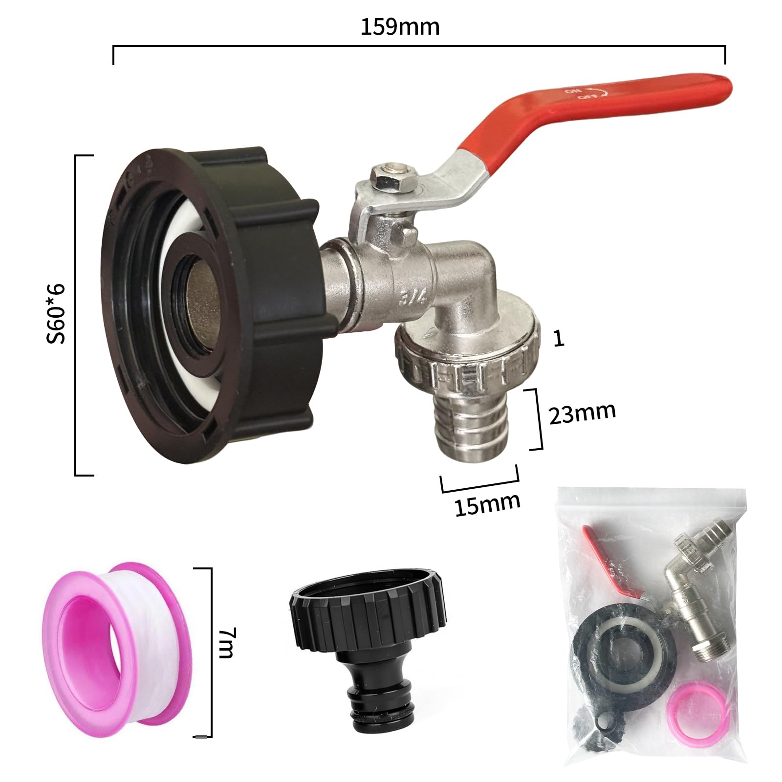 IBC kran odpływowy z przyłączem 3/4 cala, adapter IBC S60 x 6, zbiornik na wodę IBC, akcesoria do zbiornika na wodę 1000 l, kran, kran ogrodowy 3/4 cala