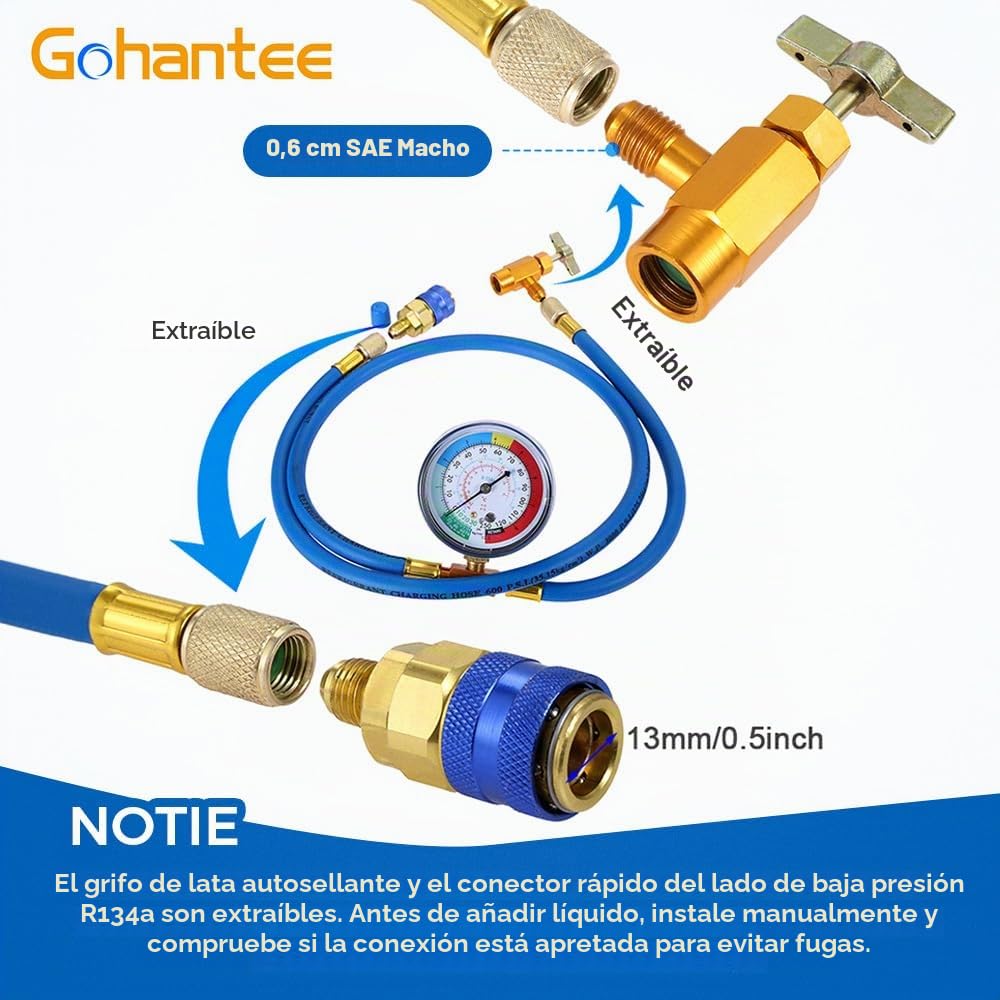 gohantee R134a Medición Kit de Manguera Recarga Aire Acondicionado con Manómetro y Grifo de Lata Autosellante, a Puerto de R-12/R-22, Acoplamiento Rápido de Lado Bajo R134a