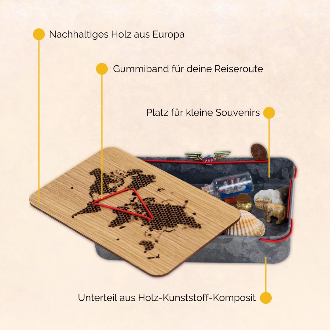 Erinnerungsbox für Reisen | Weltkarte zum Markieren der Reiseroute | Souvenirs, Andenken und Mitbringsel ordnen und aufbewahren | Reisetagebuch, Dekoration und Aufbewahrung (Grün)