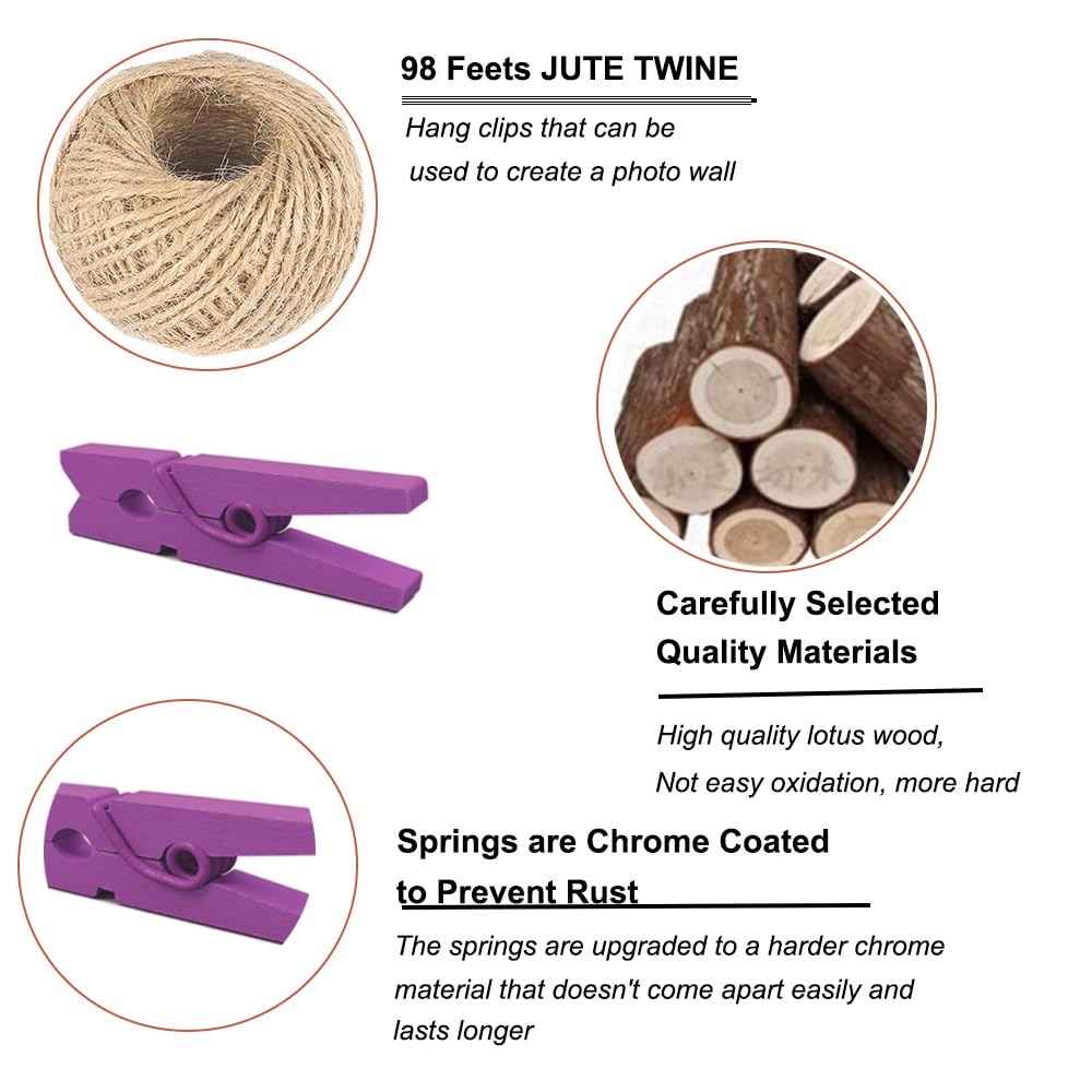 Furuising 160 Stuks Wasknijpers, 2.5/3/3.5cm Houten Klemmen, Natuur Clips, Met 10m Jute Touw en 5 Spijkers Voor Het Ophangen Van Foto's, Ansichtkaarten, Huisdecoratie Bruiloften
