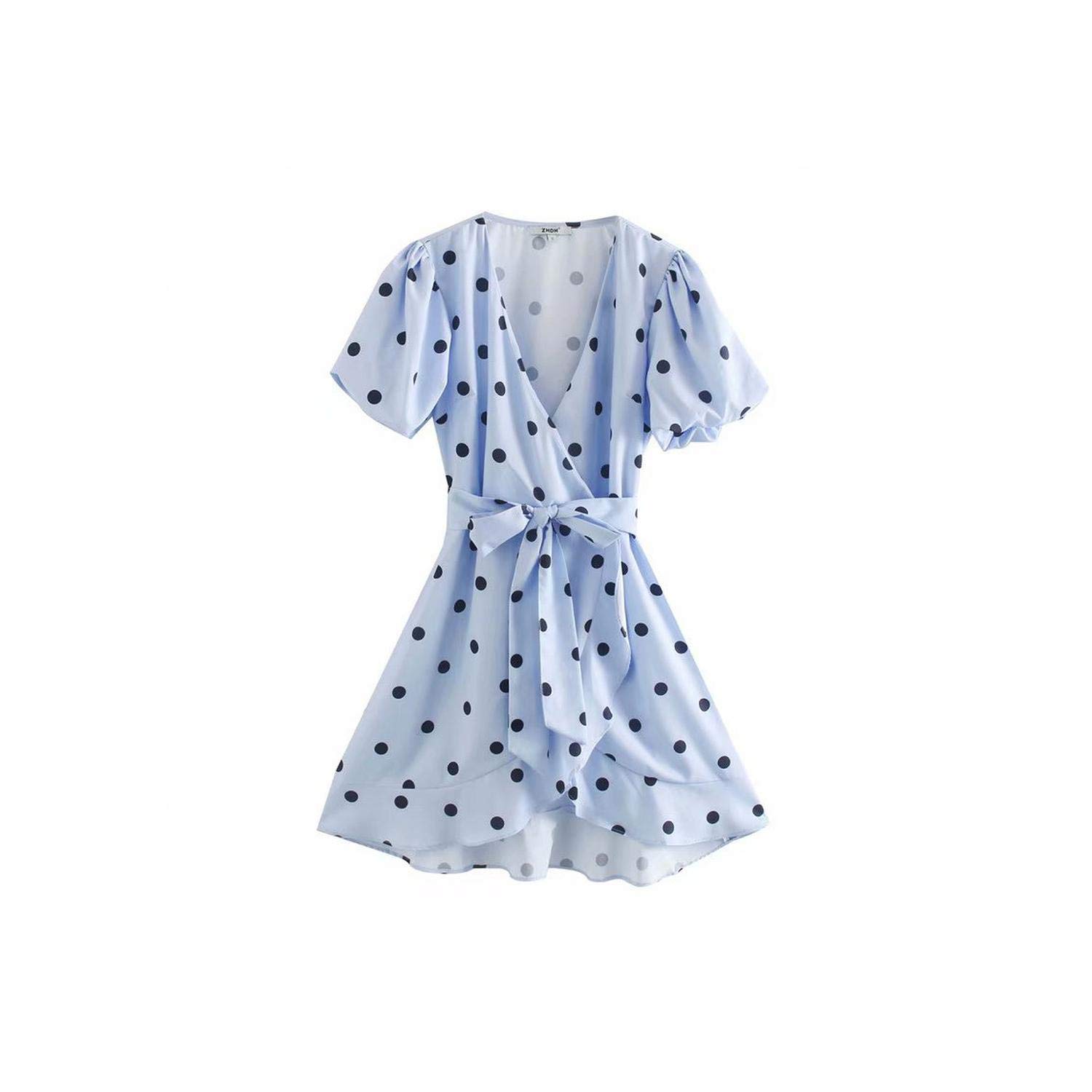 Blue Stor Sommerkleider | V-Ausschnitt Polka Dot Print Saum Rüschen Minikleid Lady Laterne Ärmel Schleife Schärpen Kleider