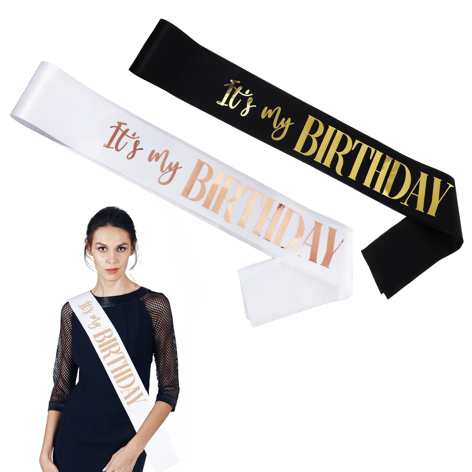 Prasacco 2 Packs It's my Birthday Sash for Women, Black and White Birthday Sash Happy Birthday Sash for Girls, Sweet 16, 18th 21st 25th 30th 40th 50th