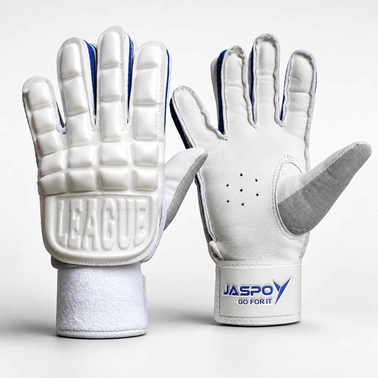 Jaspo League Cricket Batting Gloves-for Beginner Players:Leather Palm|Nylon Stitch|Air Vents|Elastic Towel Wrap for Adult/Seniors Color (White Blue)-Recommended for Soft Ball Only, Large
