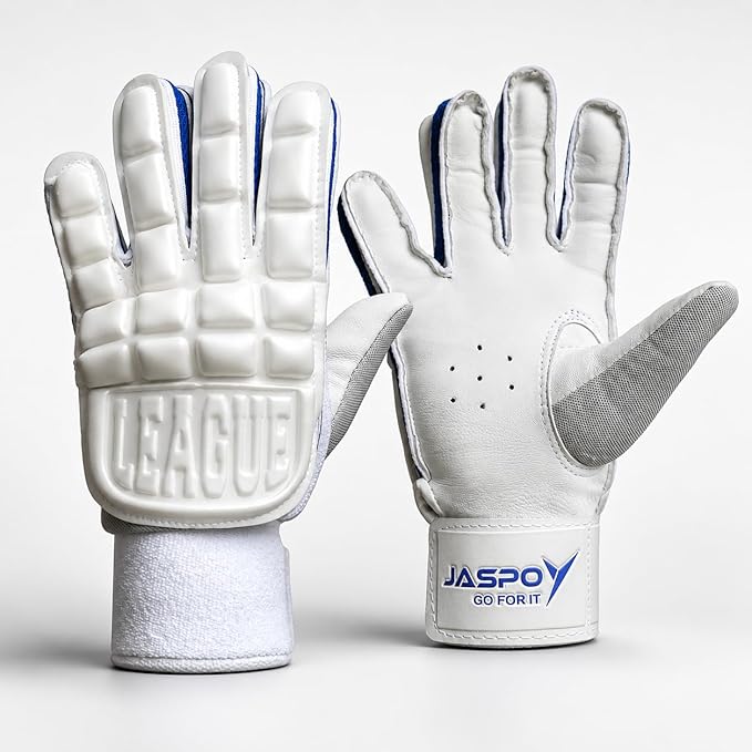 Jaspo League Cricket Batting Gloves-for Beginner Players:Leather Palm|Nylon Stitch|Air Vents|Elastic Towel Wrap for Adult/Seniors Color (White Blue)-Recommended for Soft Ball Only, Large