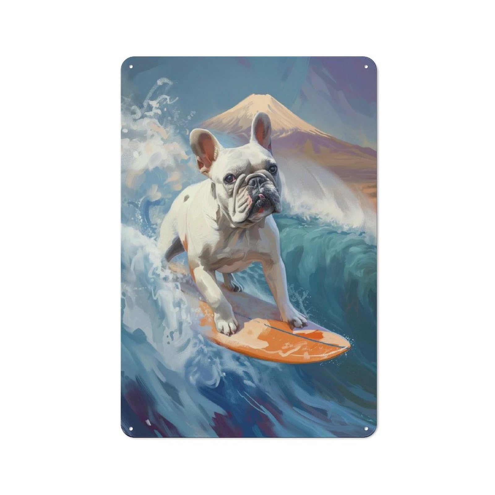 Junmoney Style-8 French Bulldog Surfing Rustic Metal Sign 30X20cm For Garden Room Or Summerhouse, For Summerhouse Decorators