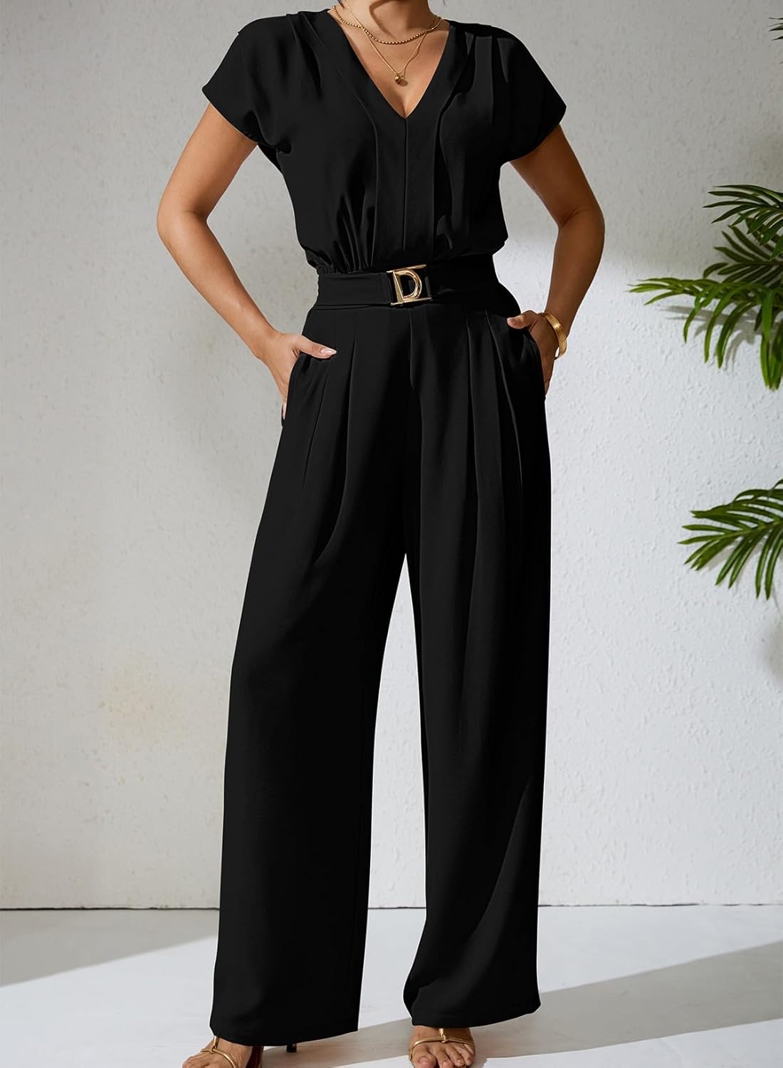 Pink Queen Jumpsuits for Women Dressy V Neck Short Sleeve Wide Leg Rompers Business Casual One Piece Outfits - Image 4