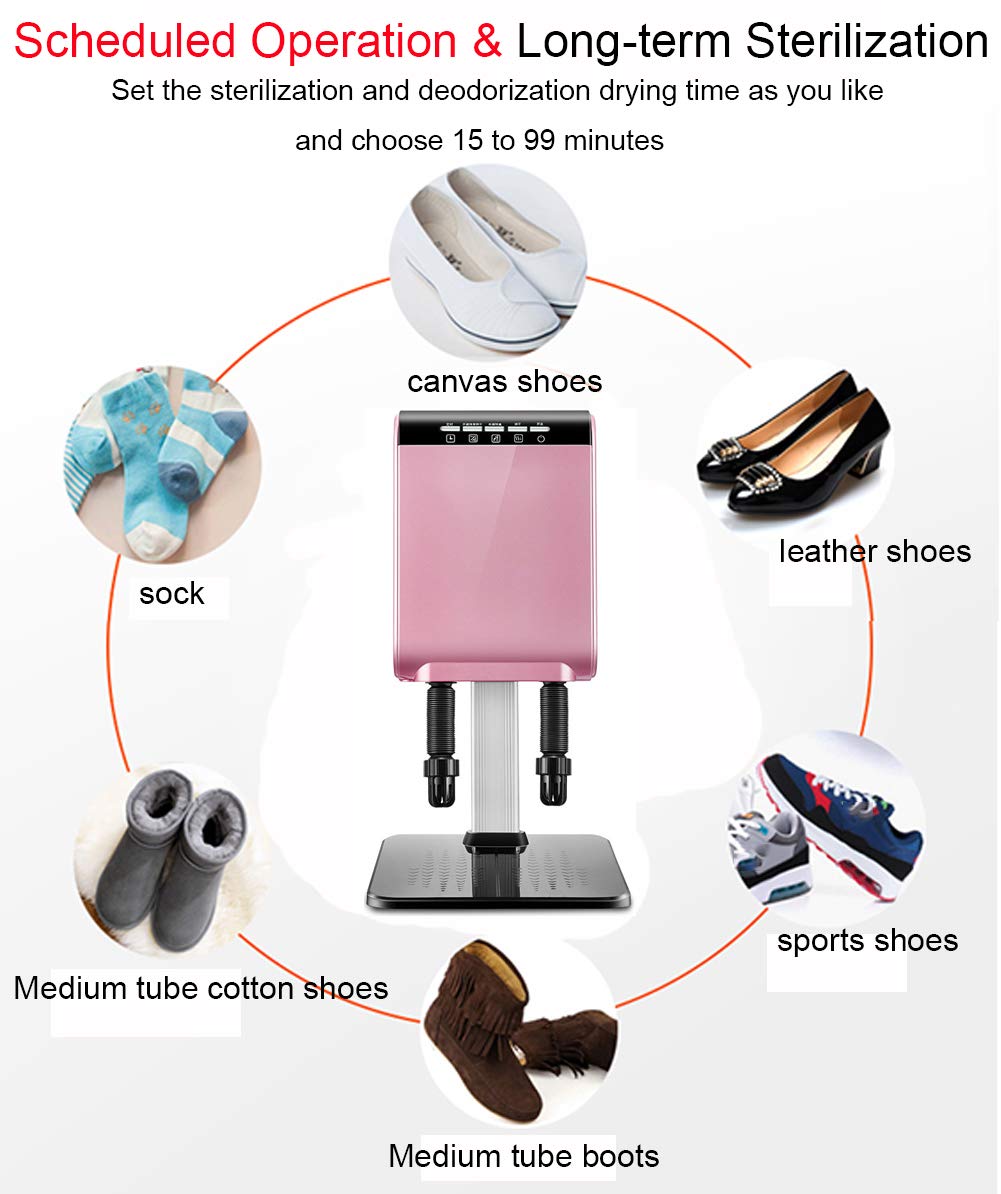 190W Ozono Eléctrico Escalable Inteligente Maquina De Zapatos Caliente Vertical Secador De Zapatos para Zapato Guantes Calcetines Botas De Desodorización Esterilización, Rosa/Oro,Pink