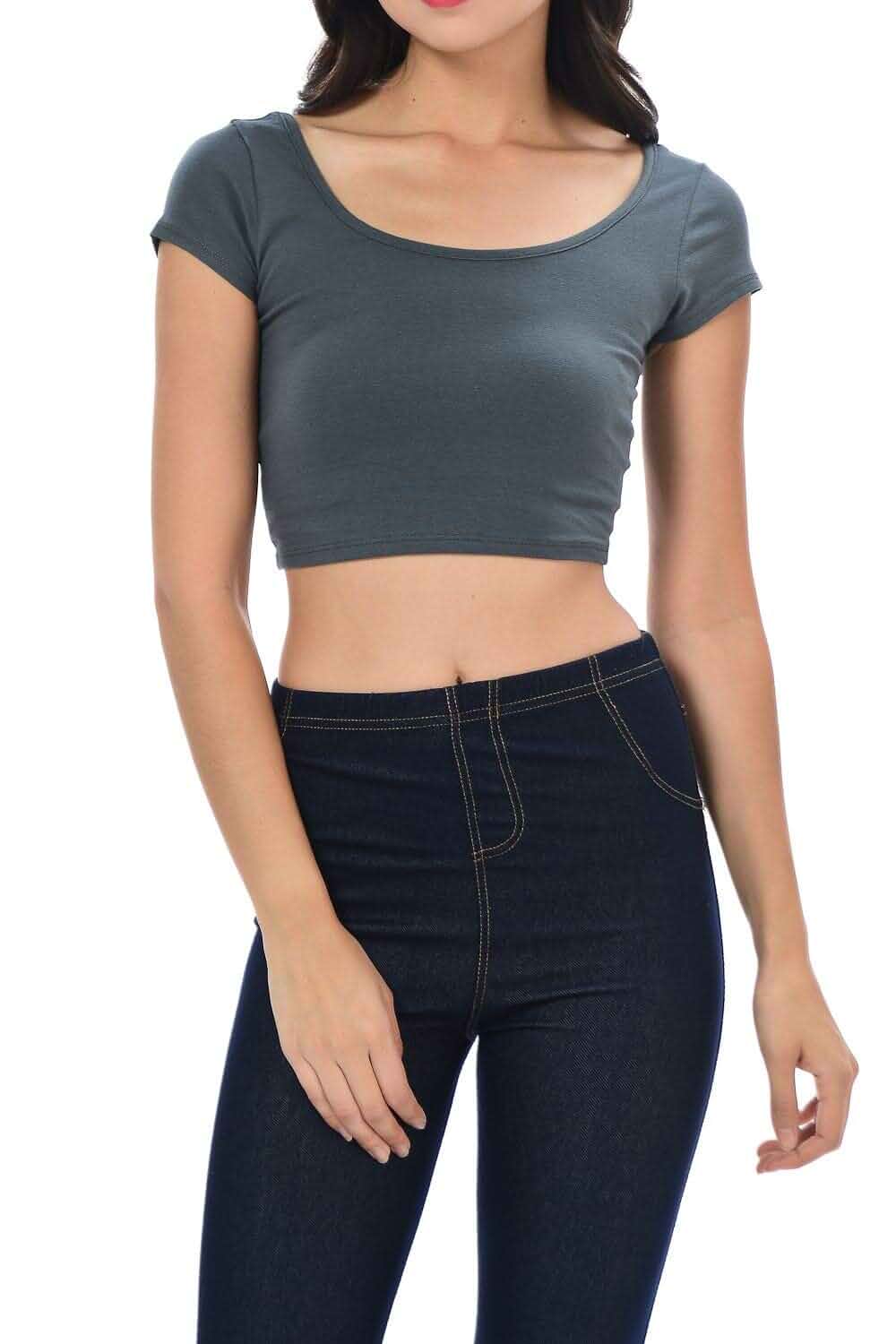 Womens Trendy Solid Color Basic Scooped Neck and Back Crop Top