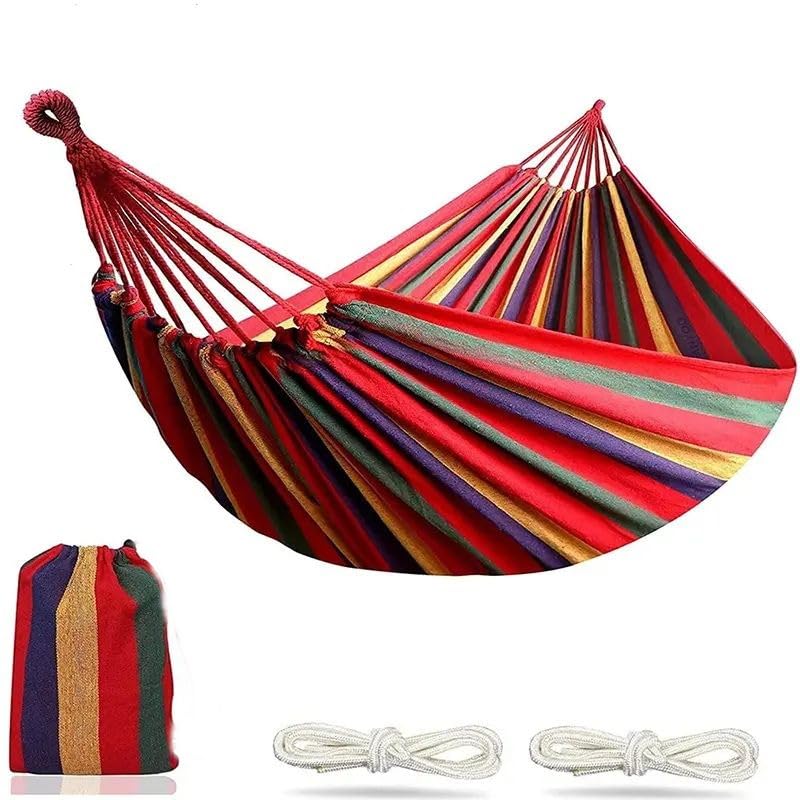 XTDMJ Hamaca doble colgante al aire libre de algodón con bolsa de viaje, 260x150cm de tela cómoda con correas amigables con los árboles para colgar en jardín, interior, balcón, terraza, camping