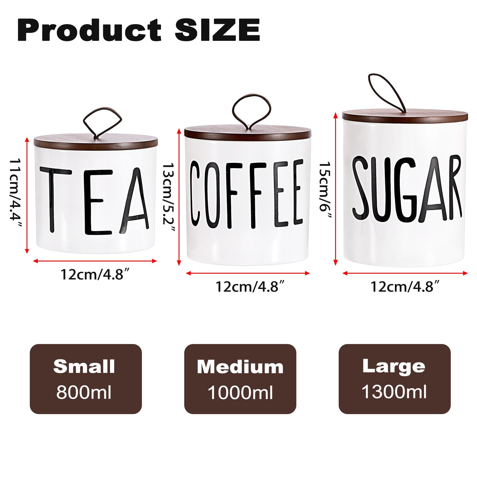 BTSKY Set di 3 contenitori da cucina in ceramica bianca – 3 misure ermetiche per zucchero, caffè, tè, con coperchio e vassoio in legno, barattoli per alimenti