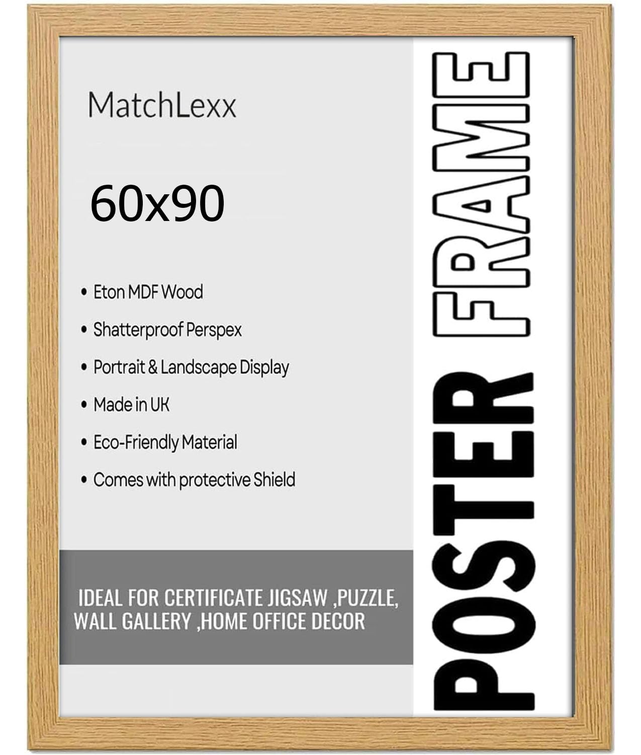 MatchLexx® Durable Oak 60 x 90 cm Poster Frame Large Wall Art Display,Picture Frame photo Frame Ideal for Art Prints, Promotions, and Displays