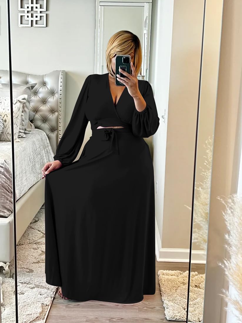Plus Size Women's 2 Piece Outfits Casual Long Sleeve Wrap Crop Top Maxi Long Dress Flowy Matching Sets - Image 3