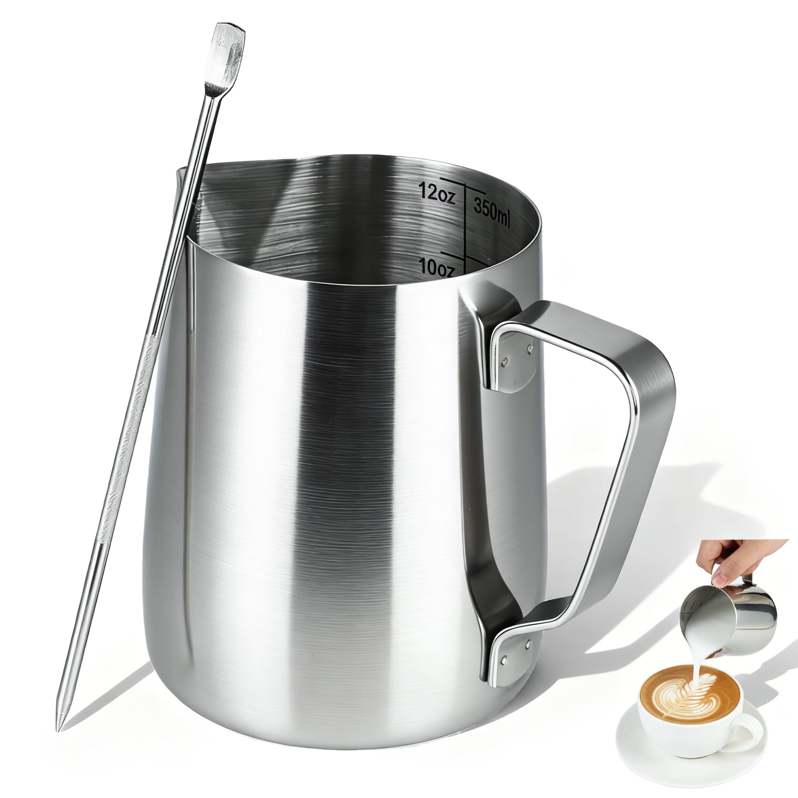 Mokarya 350ml Milk frother jug - Milk jug for Coffee Machine and Coffee Milk jug with Stainless Steel Frothing Pen, 2-Piece Set