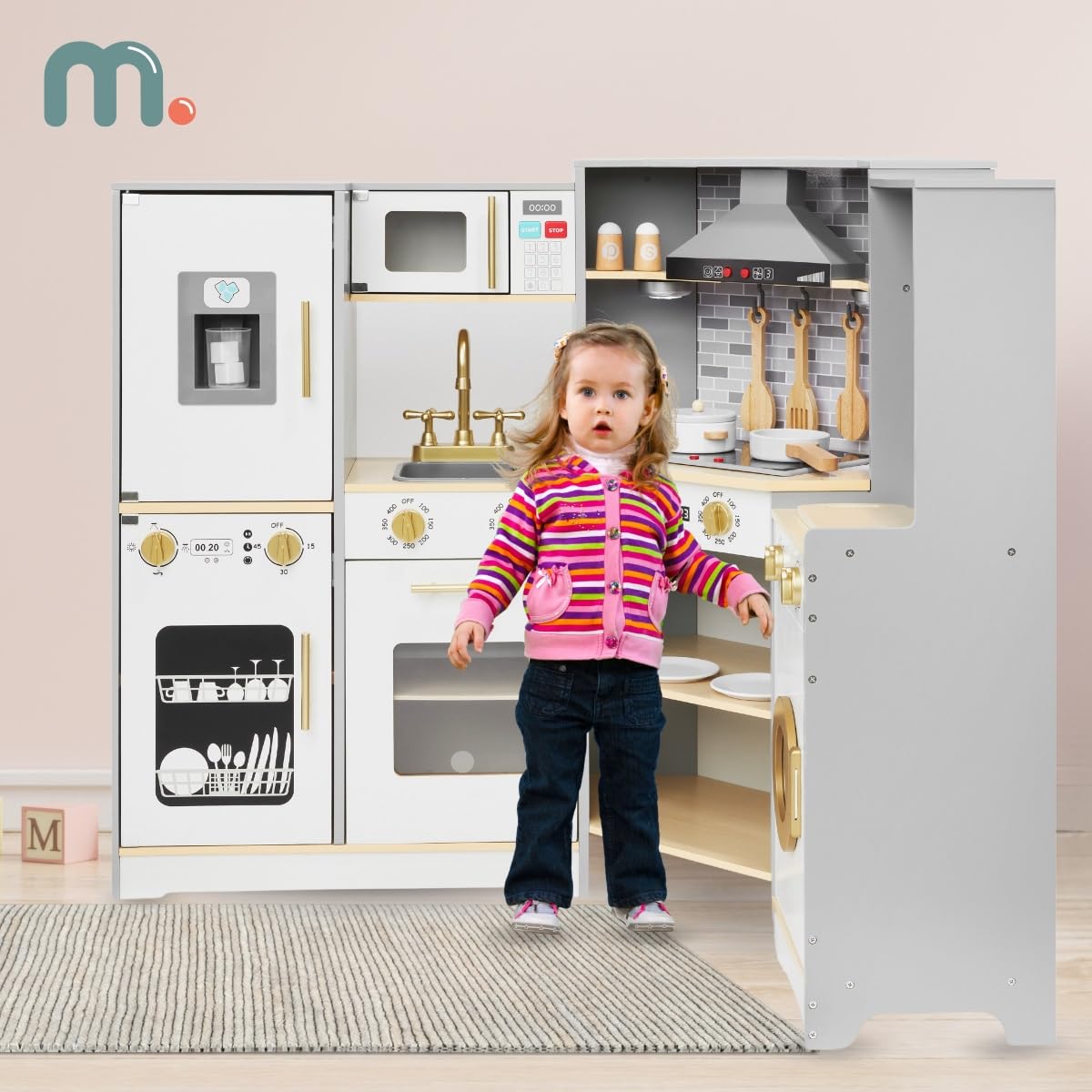 Mamabrum Cucina in legno per bambini 3+, grande, interattiva XXXL fornello interattivo con illuminazione a LED, set da cucina con lavatrice, forno, lavastoviglie, cappa e pentole