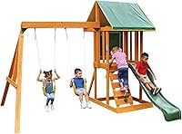 KidKraft Appleton Wooden Swing Set with Wave Slide, Rock Wall, Swings & Chalkboard - Compact Backyard Playset for Kids 3-7