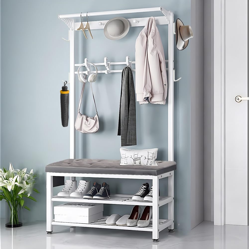 MSHGSKU Heavy Duty Freestanding Coat Rack with Shoe Bench | Industrial Hall Tree Storage Stand with Hooks | Easy Assembly for Entryway Living Room Bedroom