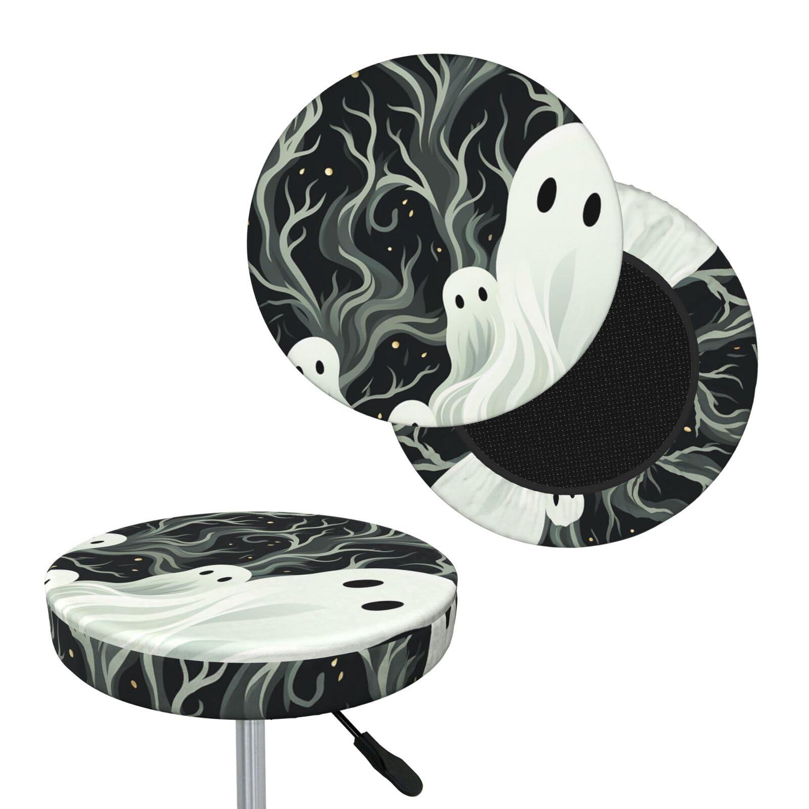 FekiLoot White Patterned Ghost Round Bar Stool Covers Stretch Washable Bar Stool Covers Dustproof Slipcover Bar Chair Covers with Elastic Band for Bar Kitchen Living Room Decor 14 Inch