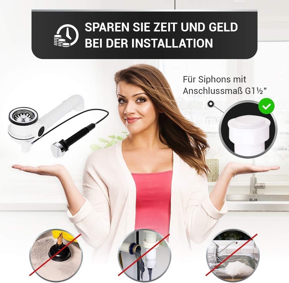AQUADE Válvula para cesta de 70 mm con cable Bowden + organizador para fregadero | Fregadero de desagüe, sifón para cocina