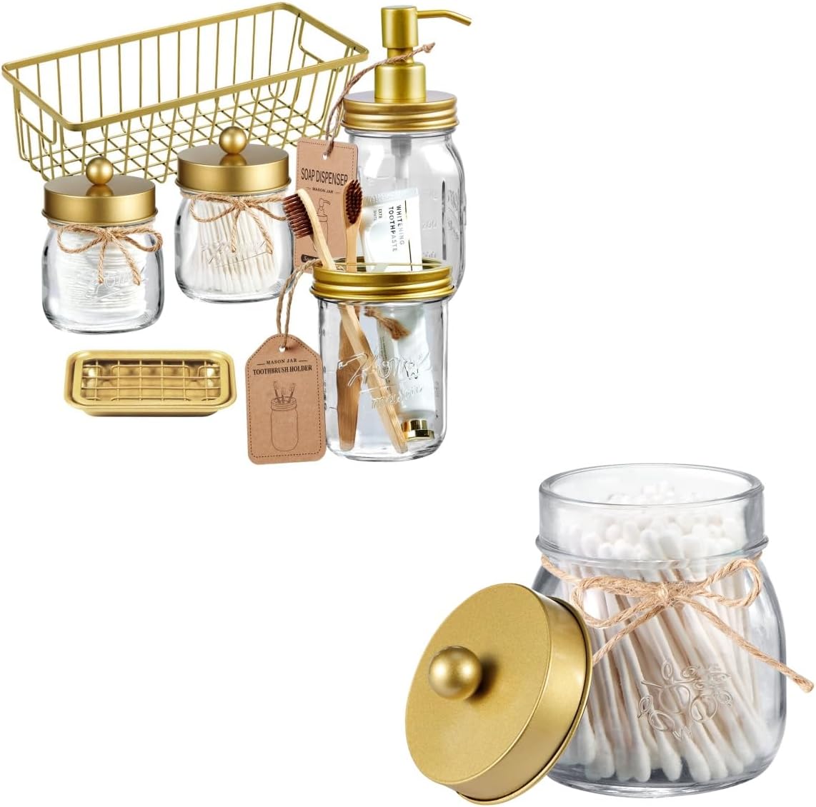 SheeChung Qtip Holder, Apothecary Jars for Cotton Balls & 6 Pcs Mason Jar Bathroom Accessories Set, Liquid Soap Dispenser, Toothbrush Holder, Soap Dish, Farmhouse Decor-Gold