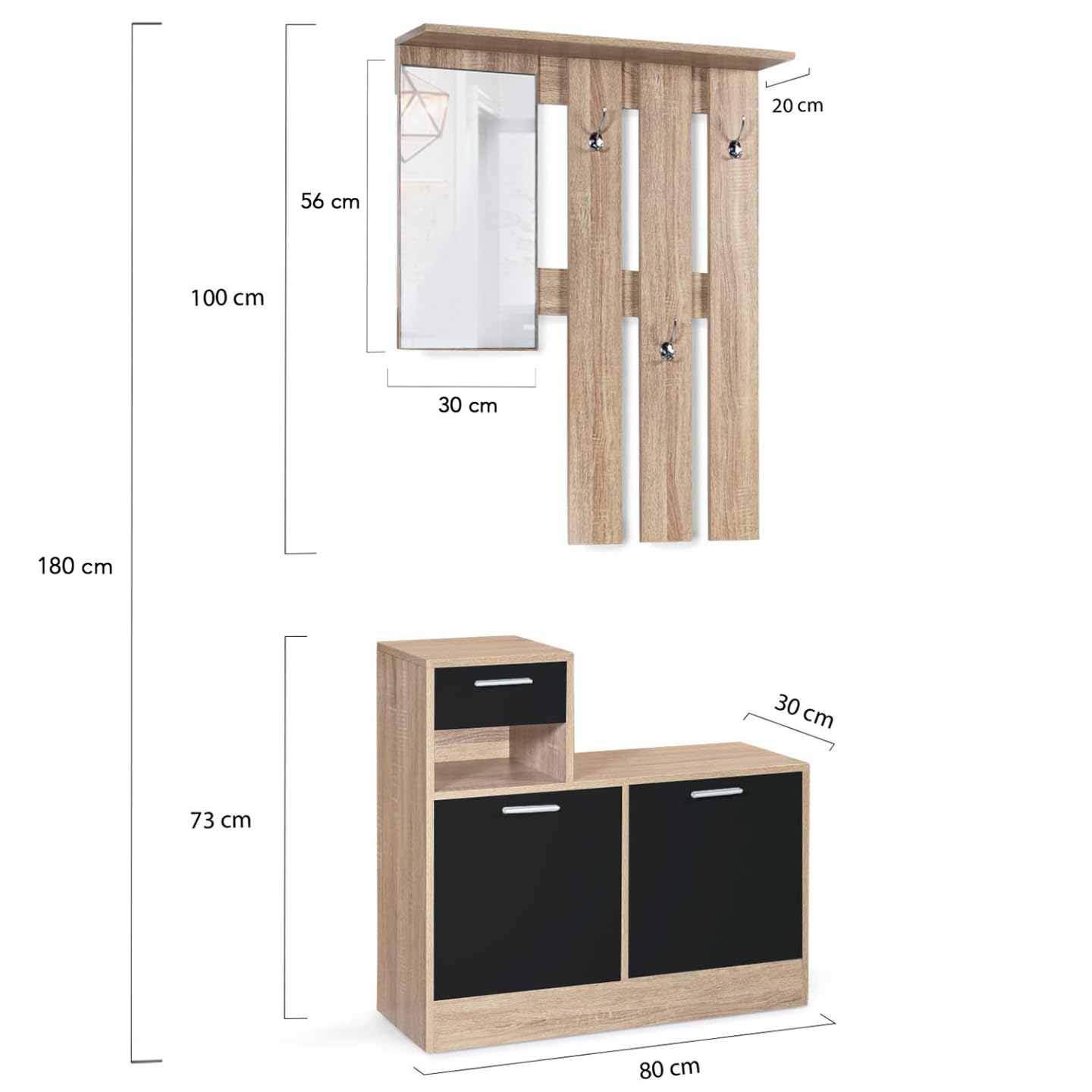 IDMarket - Armario para la entrada con espejo Paulin Design Haya puertas negras
