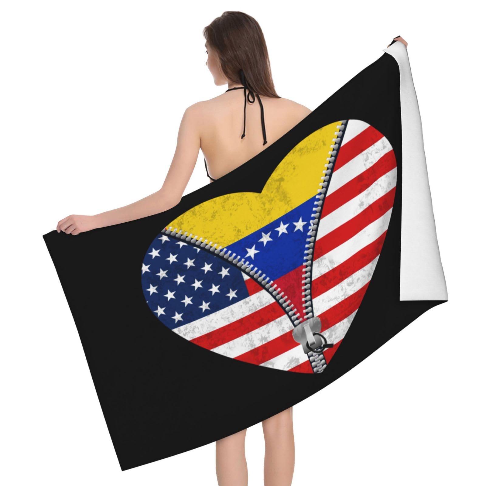 HLBSDM Microfiber Heart America Flag and Venezuela Flag Beach Towel Quick Dry Soft Sand Free Beach Towels for Pool Swim Beach Lightweight Thin Towels