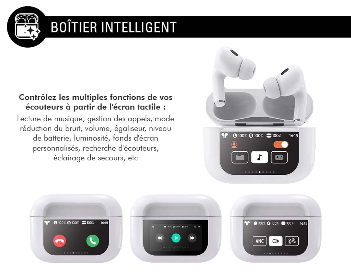 Ecouteurs True Wireless ANC avec écran Tactile Play Touch Blanc Garantie A Vie