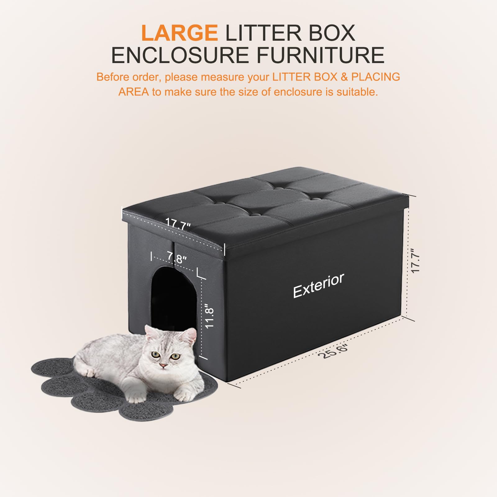 MEEXPAWS Cat Litter Box Enclosure Furniture Hidden, Cat Washroom Bench Storage Cabinet |Large 25.6'' x 17.7'' x 17.7''| Dog Proof | Waterproof Inside/Easy Clean | Easy Assembly | Odor Control(Black) - image 2