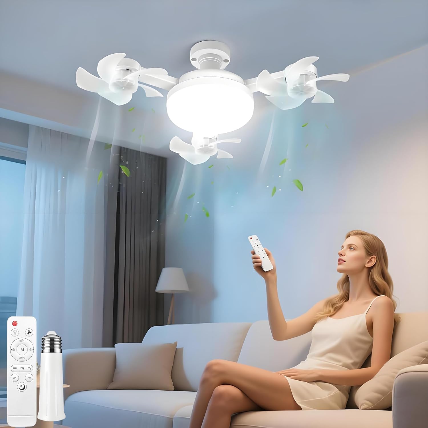 Dimmbar LED Lampe mit Ventilator, Deckenlampe mit Ventilator Leise, Timing, 50W 3-Gang Deckenventilator mit Licht und Fernbedienung (inkl. Lampenfassung E27 mit Verlängerung) für Schlafzimmer Wohnung