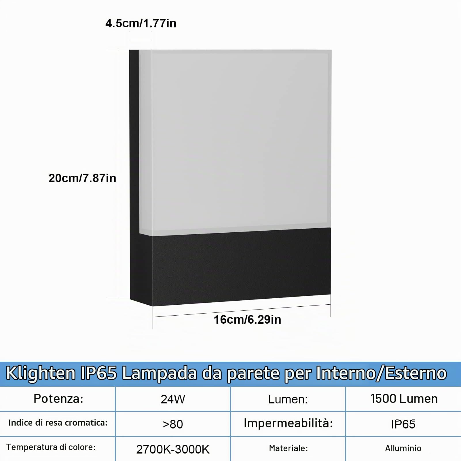 Klighten 2 Pezzi 24W LED Lampada da esterno IP65, Nero Applique 3000K | Applique da parete esterno 1500 lumen, Applique in alluminio+PC, Lampada da parete interno, Applique da esterno terrazzo
