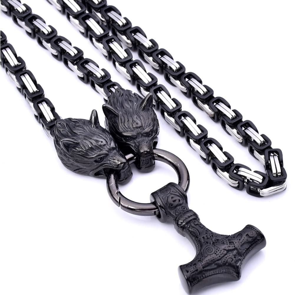 SBRTL Collana Uomo Martello Di Thor Mjölnir - Acciaio Inossidabile Con Teste Di Lupo, Catena Bizantina Oro 60cm