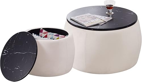 Juego de 2 otomanas redondas anidables, reposapiés de mesa de café con cubierta de MDF para sala de estar, dormitorio, parte superior 650 x 450, 480