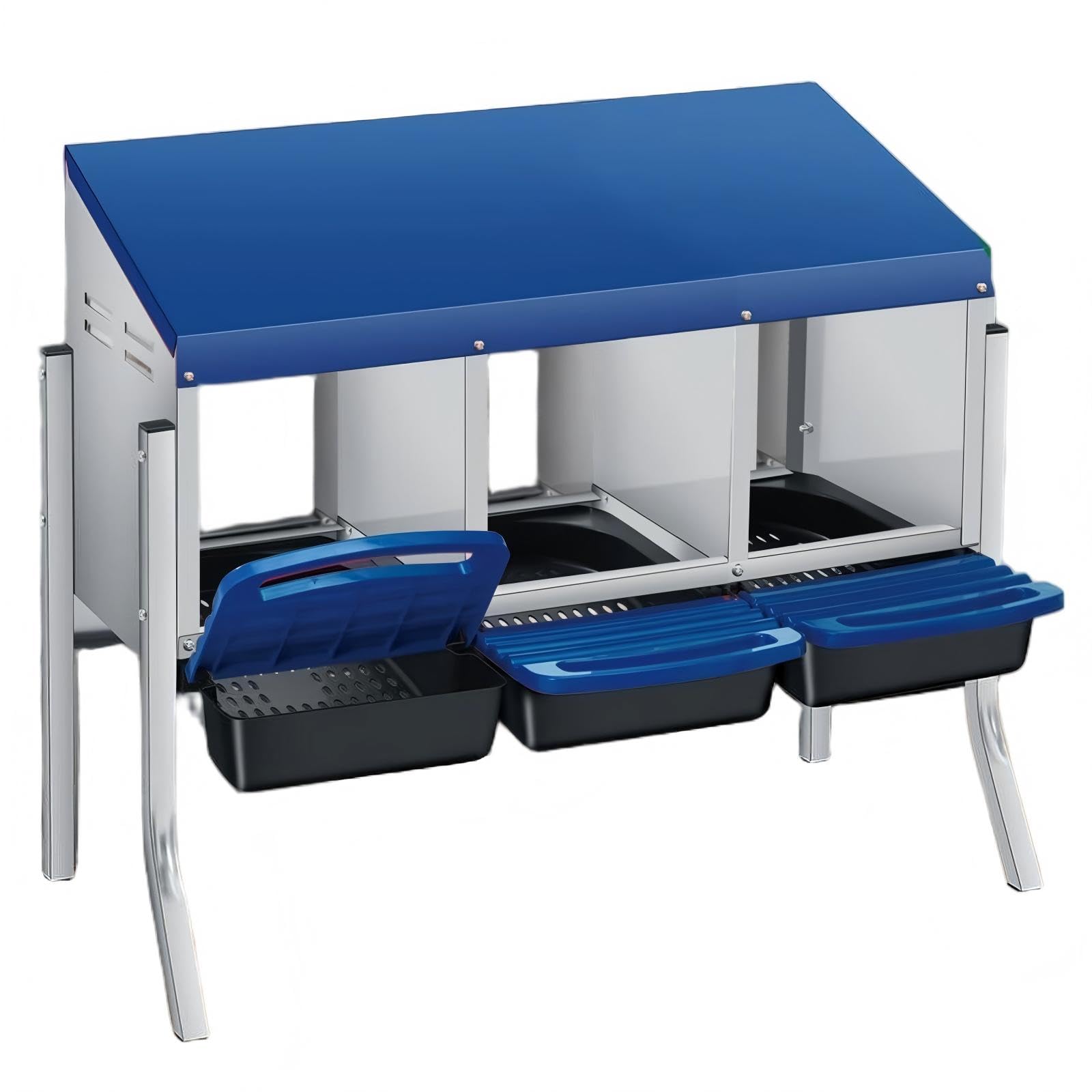 Garvee Nido per Galline Ovaiole in Metallo Zincato, 3 Scomparti con Supporto Indipendente e Vassoio Estraibile, Design Roll-away per Raccolta Uova Pulite, Facile da Pulire, 78x51x51 cm, Blu