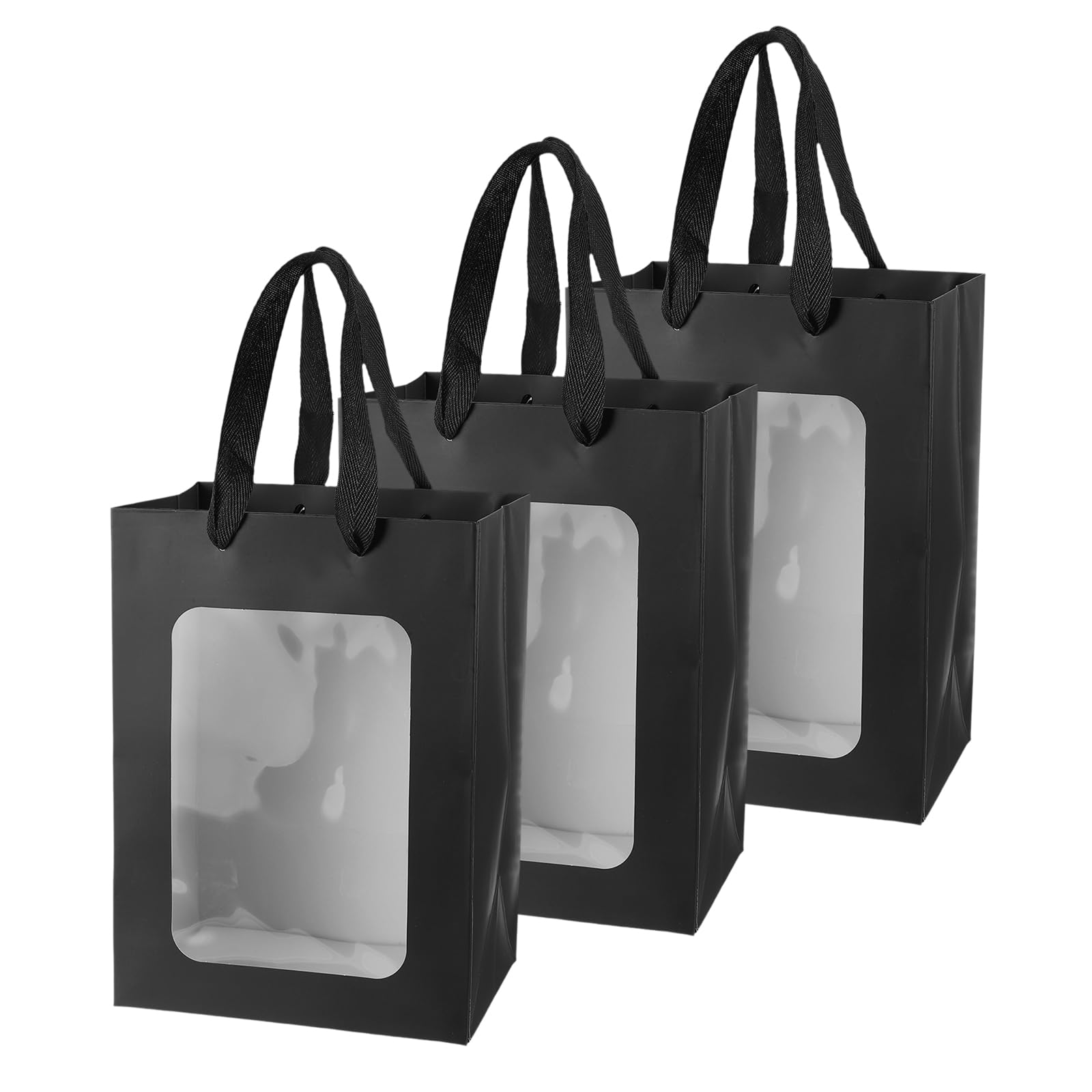 PATIKIL Gift Bags with Clear Window, (18 x 13 x 25cm, Black)(3 Pcs), Small Gift Wrap Bags with Handles, Suit for Wedding/Birthday/Bridesmaid/Party/Shopping