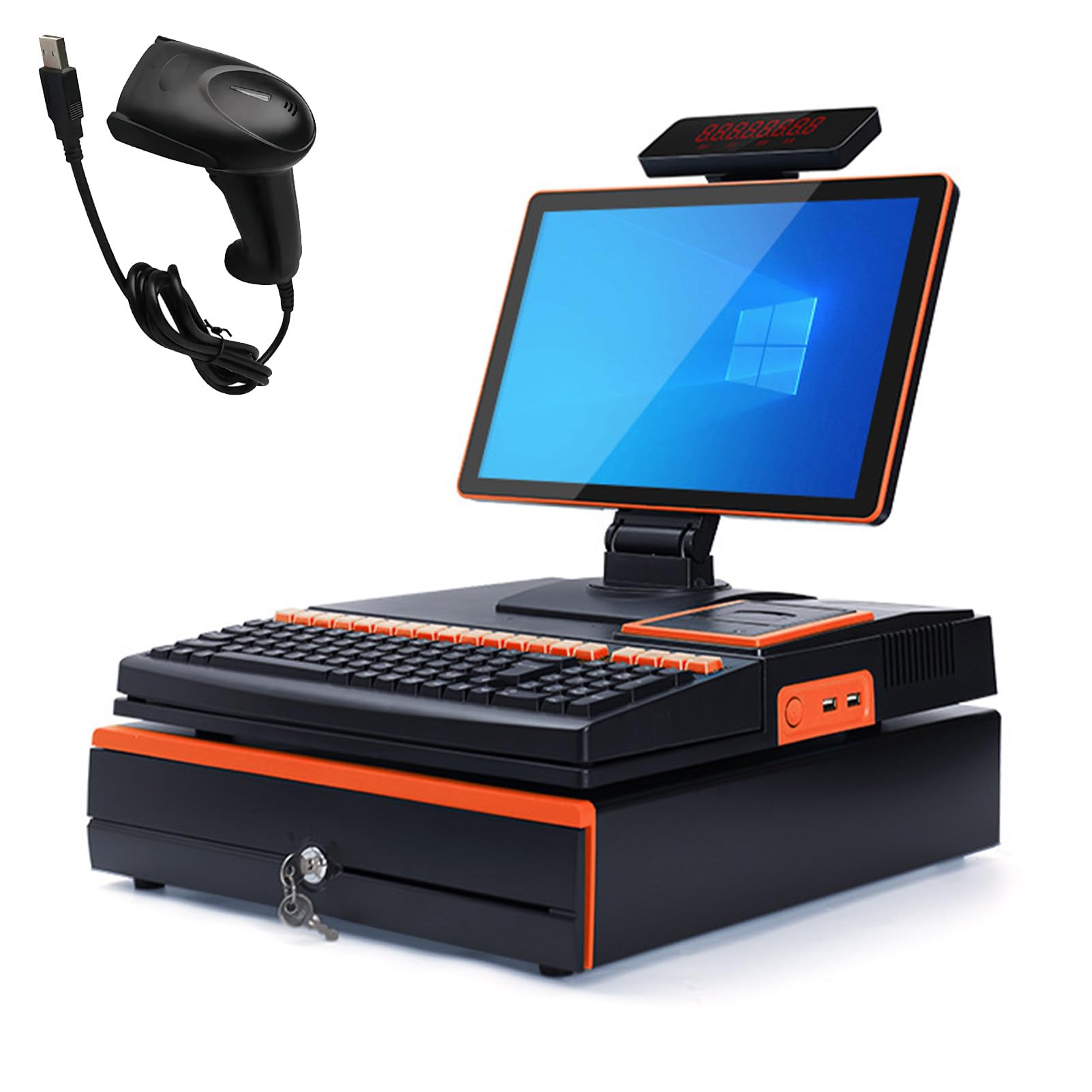PweKzxt All-in-one Cash Register for Restaurants & Retail, Single/Dual Screen, with Barcode Scanner, Printer, Cash Drawer, for Retail Restaurant Supermarket Black-SingleDisplay