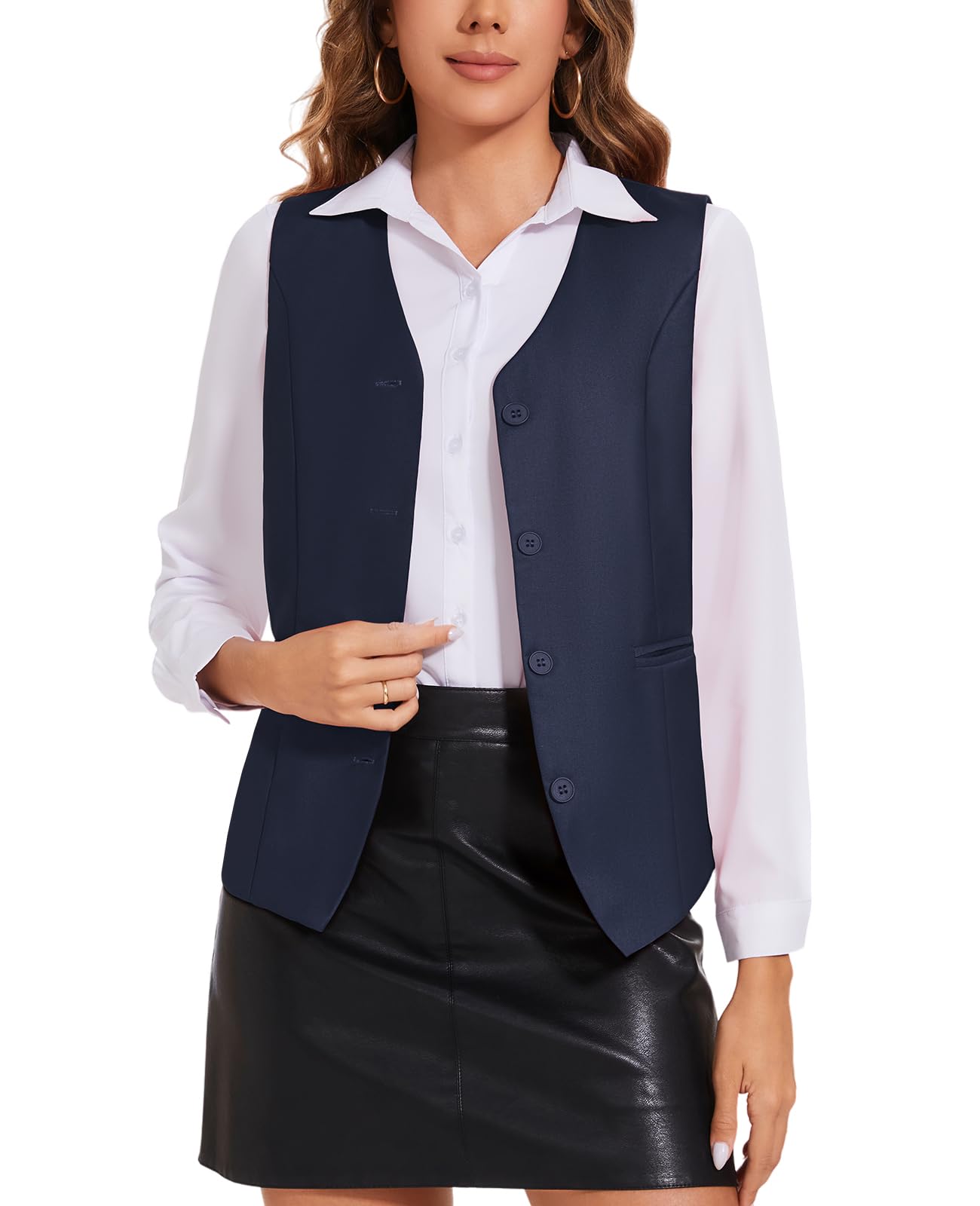 Chaleco para mujer, totalmente forrado, cuello en V, botones, formal, ajustado, elegante, con bolsillos