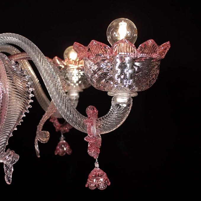 BelVetro Kroonluchter Murano VENIER 10 lampen - Gemaakt van helder kristalglas met gedraaide strepen en balotonbewerking met roze decor metalen delen verchroomd photo 3