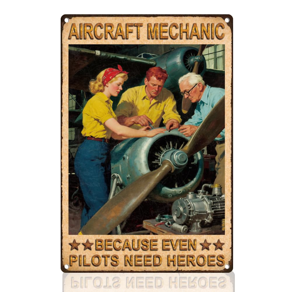 DOODLREAM Aircraft Mechanic Tin Sign 20 x 30 cm Airplane Wall Decor Aviation Metal Sign Vintage Wall Poster for Man Cave Home Bar Pub Yard Decor Gift
