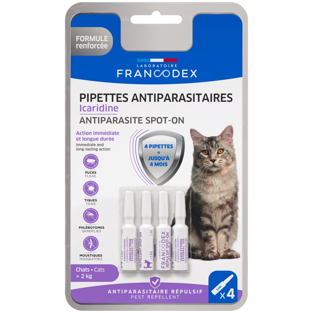 Francodex - 4 Pipettes antiparasitaires Icaridine Francodex - Chat Plus de 2 kg