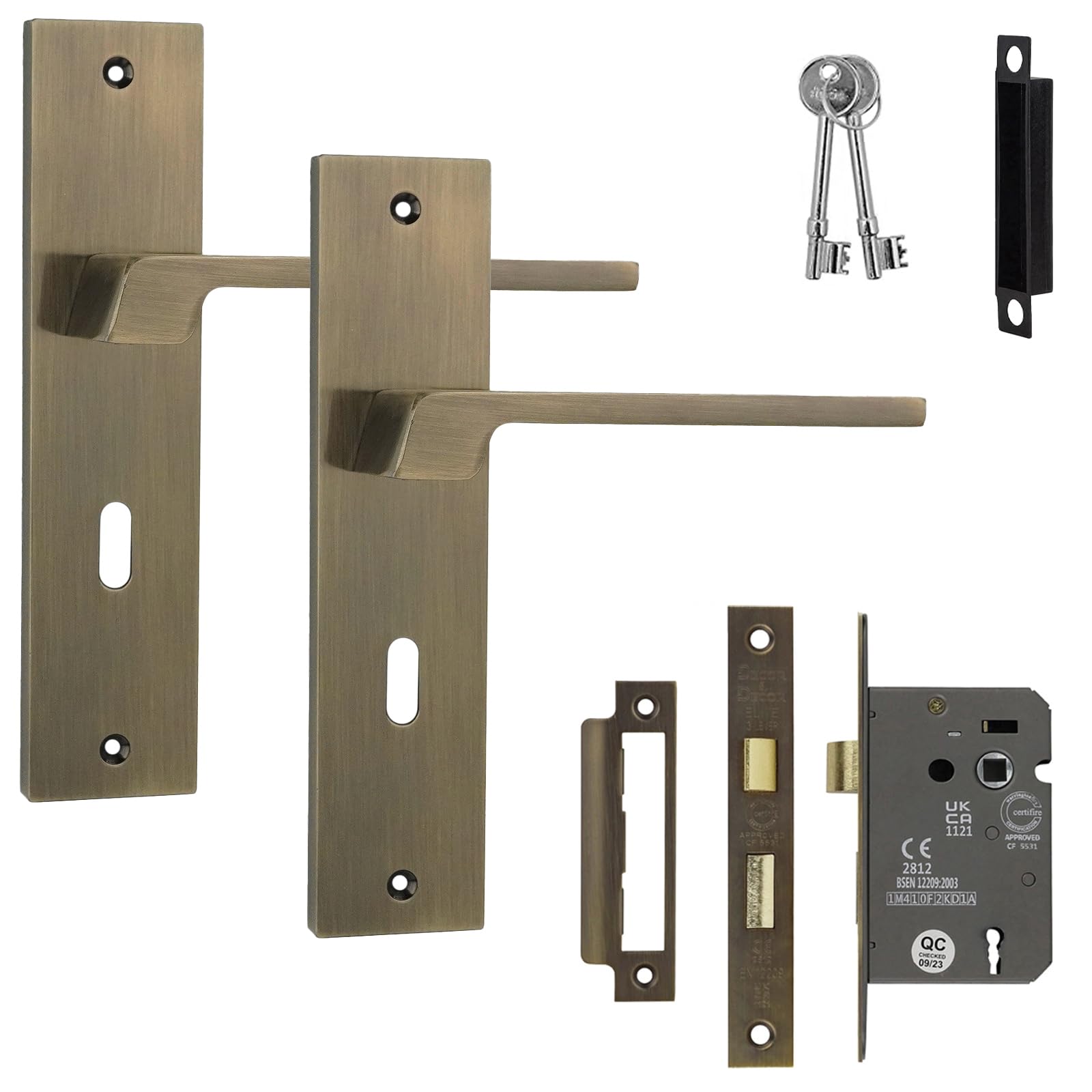 Decoranddecor Spectra Antique Brass Internal Door Handle Set – Keyhole Backplate Door Handles with Lever Mechanism and 2.5in Fire-Rated Sash Lock with Keys- Easy-Install for Modern Interiors