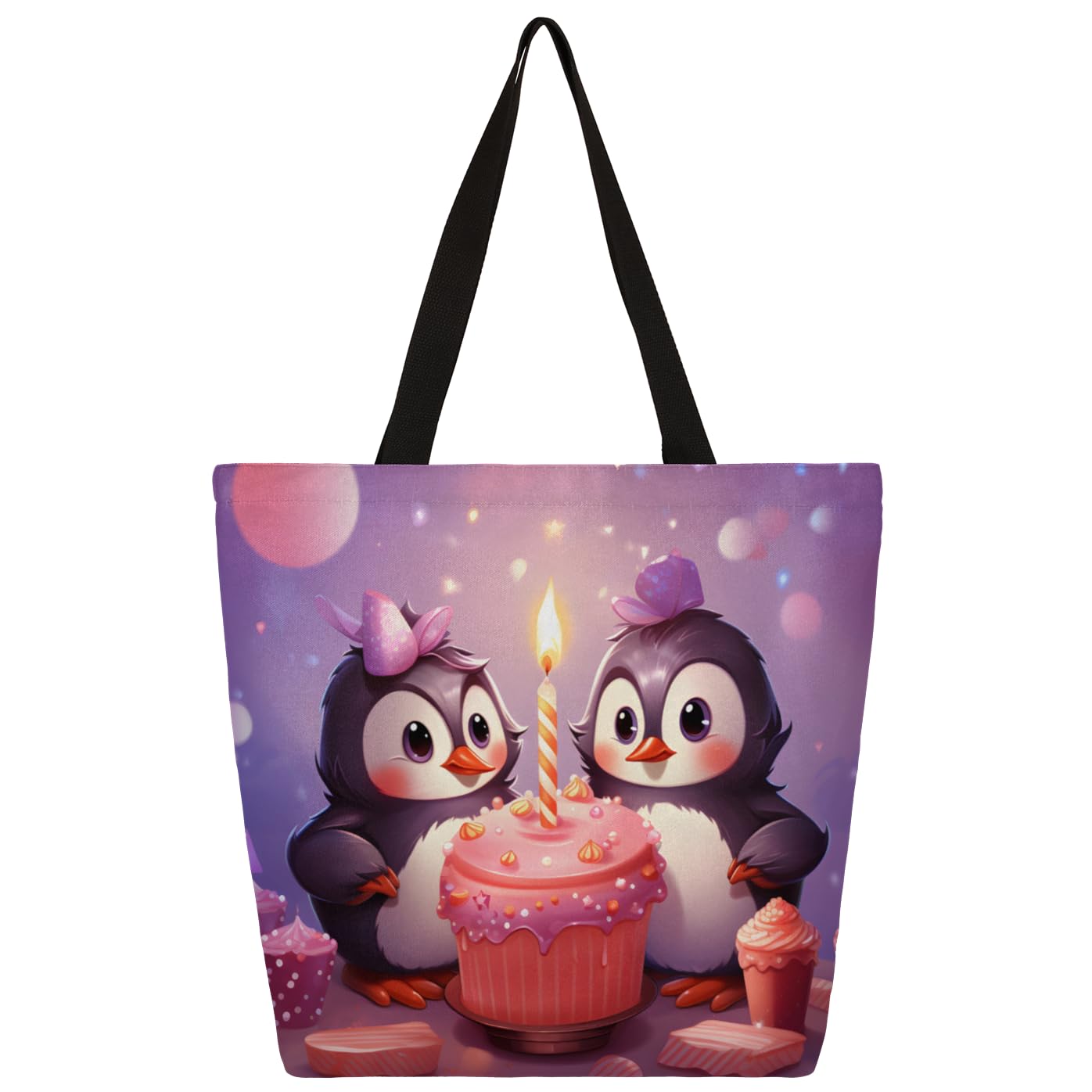 Mularoka Penguins Birthday Cake Large Capacity Canvas Tote Bag Stylish Handheld Shoulder Bag Reusable Shopping Bag for Work Travel Beach Trips Shopping