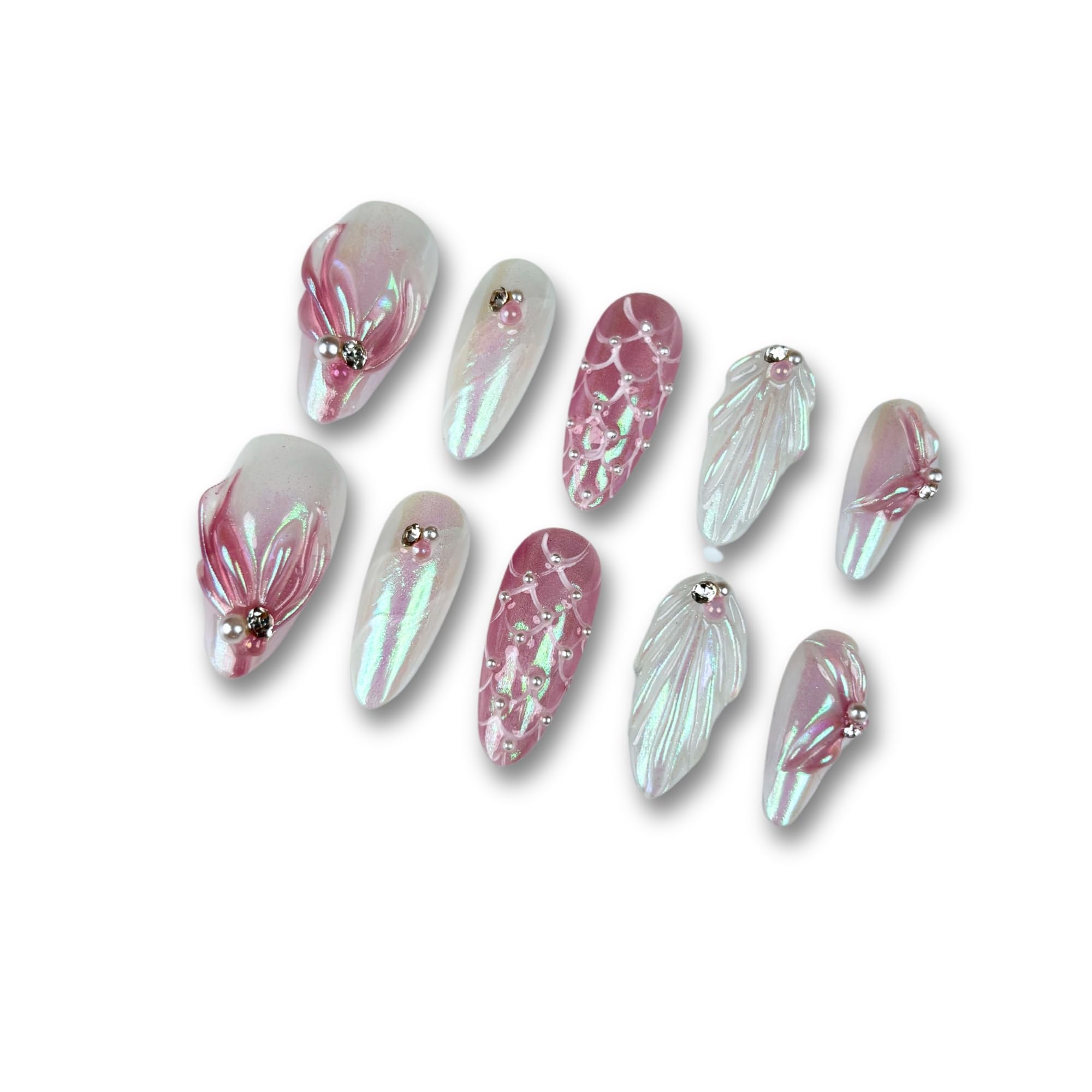 Yabonica 10PCS Handmade Unique 3D Almond Press-On Nails Salon Designs, Thick Acrylic Multi-Layer Gel False nails,UV/LED-Cured Reusable Sturdy Cat Eye