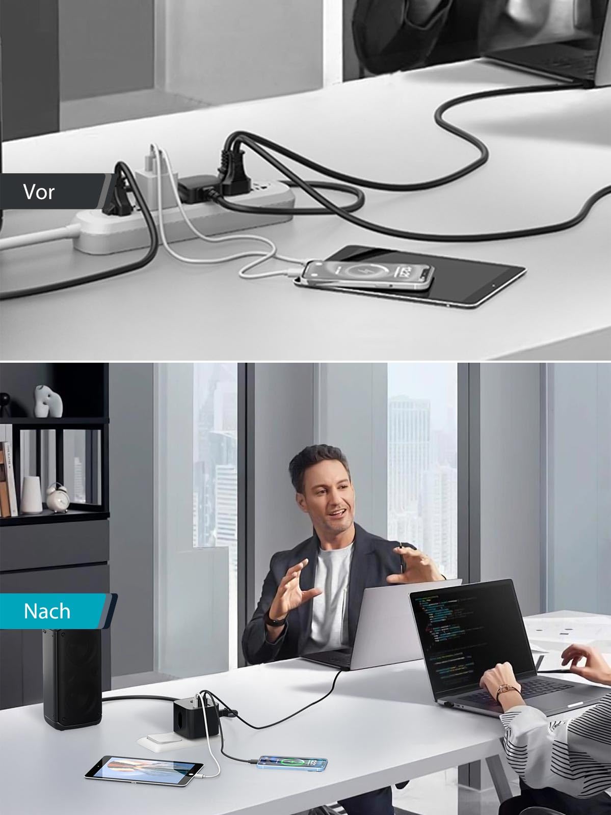 VEFVE Steckdosenwürfel ohne Kabel mit 70W USB C Ladegerät Mehrfachsteckdose | Kabelloser 7 in 1 Mehrfachstecker mit 70W Power Delivery. Bietet 3 Steckdosen und 4 USB Ports. Schalter, Kindersicherung